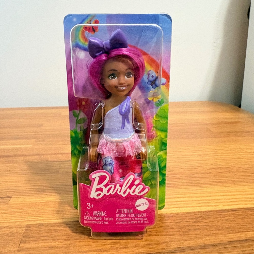 Barbie Chelsea Doll Mattel Pink Hair Purple Bow One Shoulder Outfit NEW